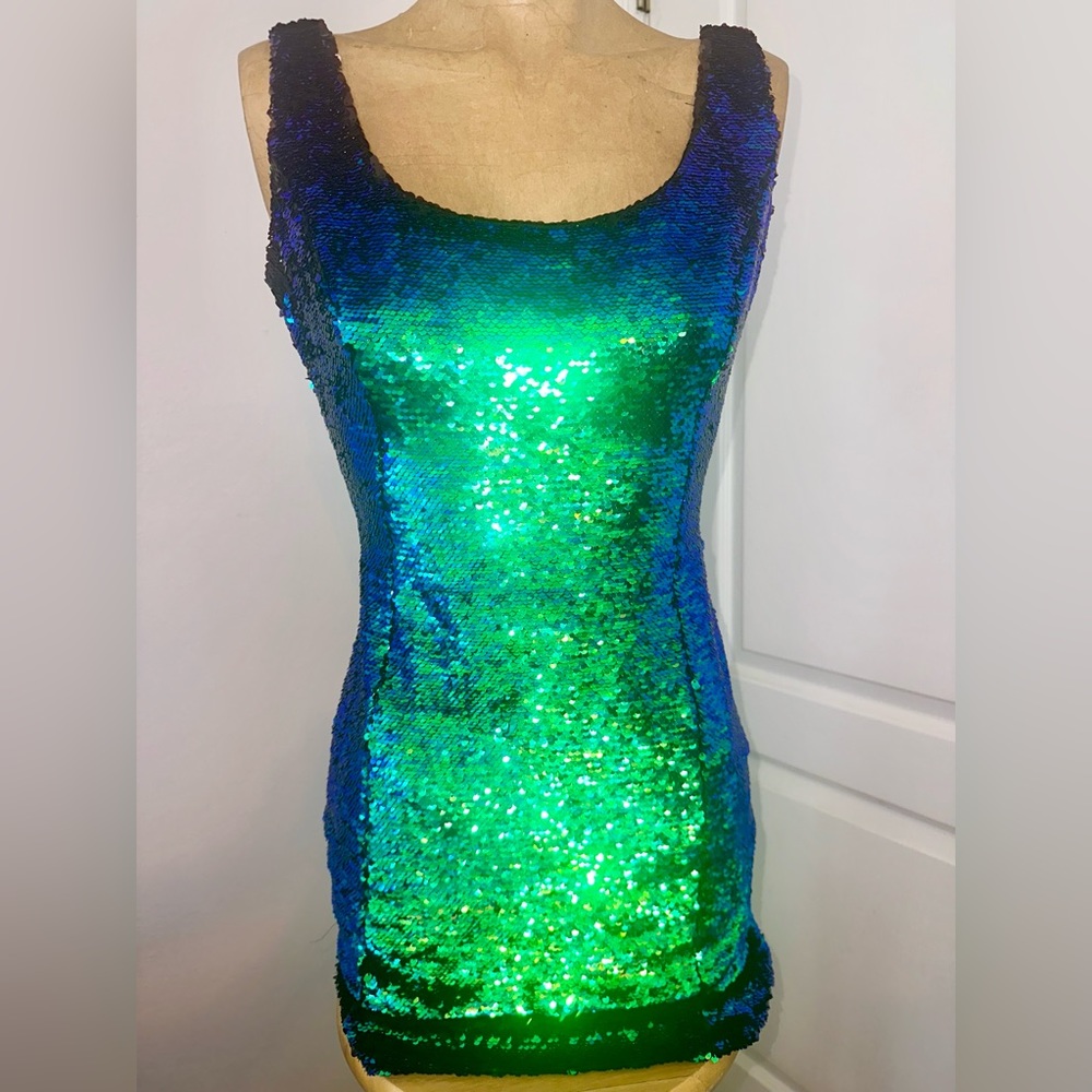 Stunning Milly -Anna Sequin Tank Cocktail Dress, Reversible Sequins- Mermaid/Blk
